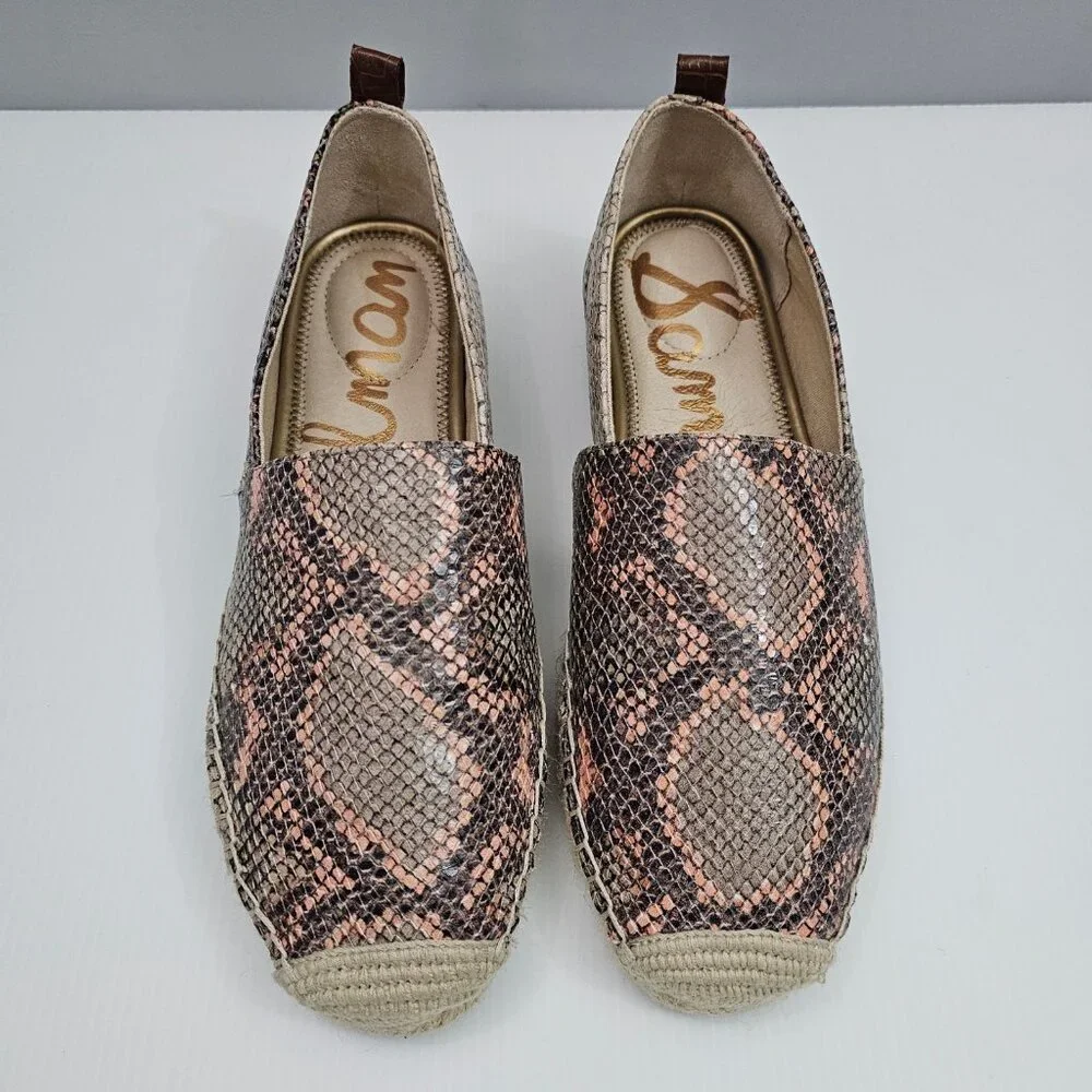 NEW Sam Edelman Khloe Espadrille Flat Womens 8 Peach Snake Print Leather Slip On
